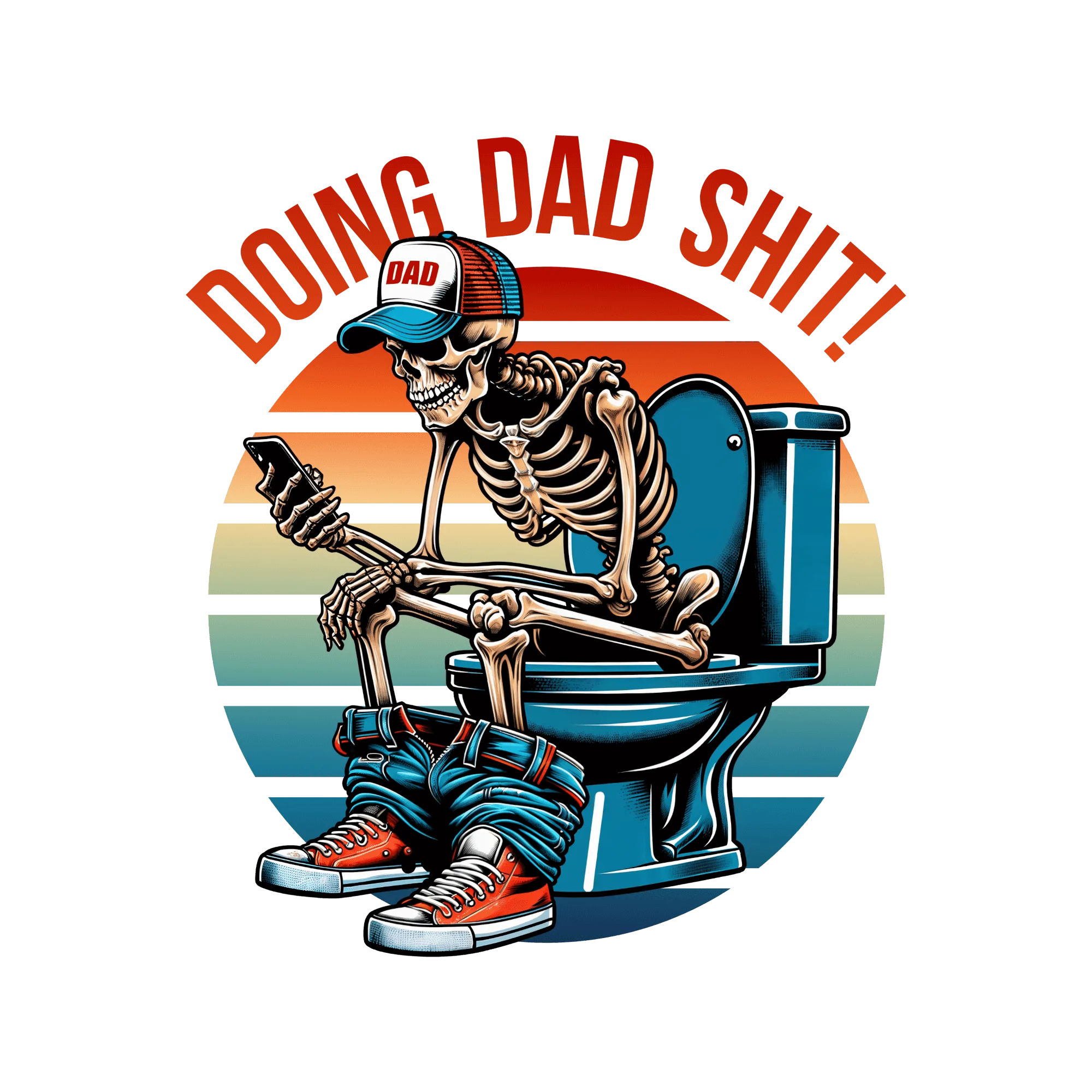 Doing Dad Shit decal with a skeleton sitting on a blue toilet