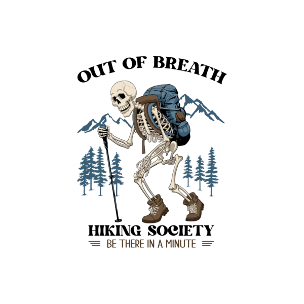 Out Of Breath Hiking Society decal with a skeleton wearing a backpack