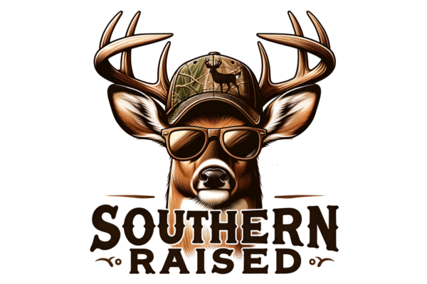 Southern Raised with White Tailed Deer wearing sunglasses and hunter's hat.