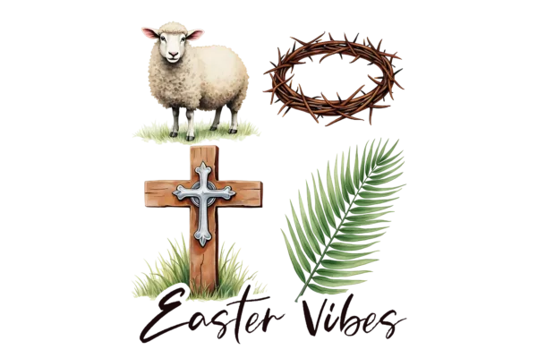 Easter Vibes with Sheep, thorns, cross, palms