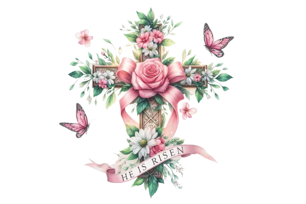 He is Risen Cross with pink flower and pink butterflies