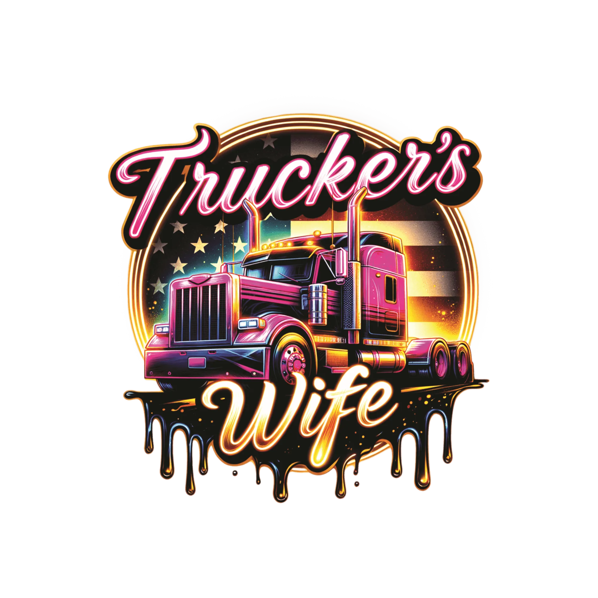Trucker's Wife decal with an American flag behind a truck