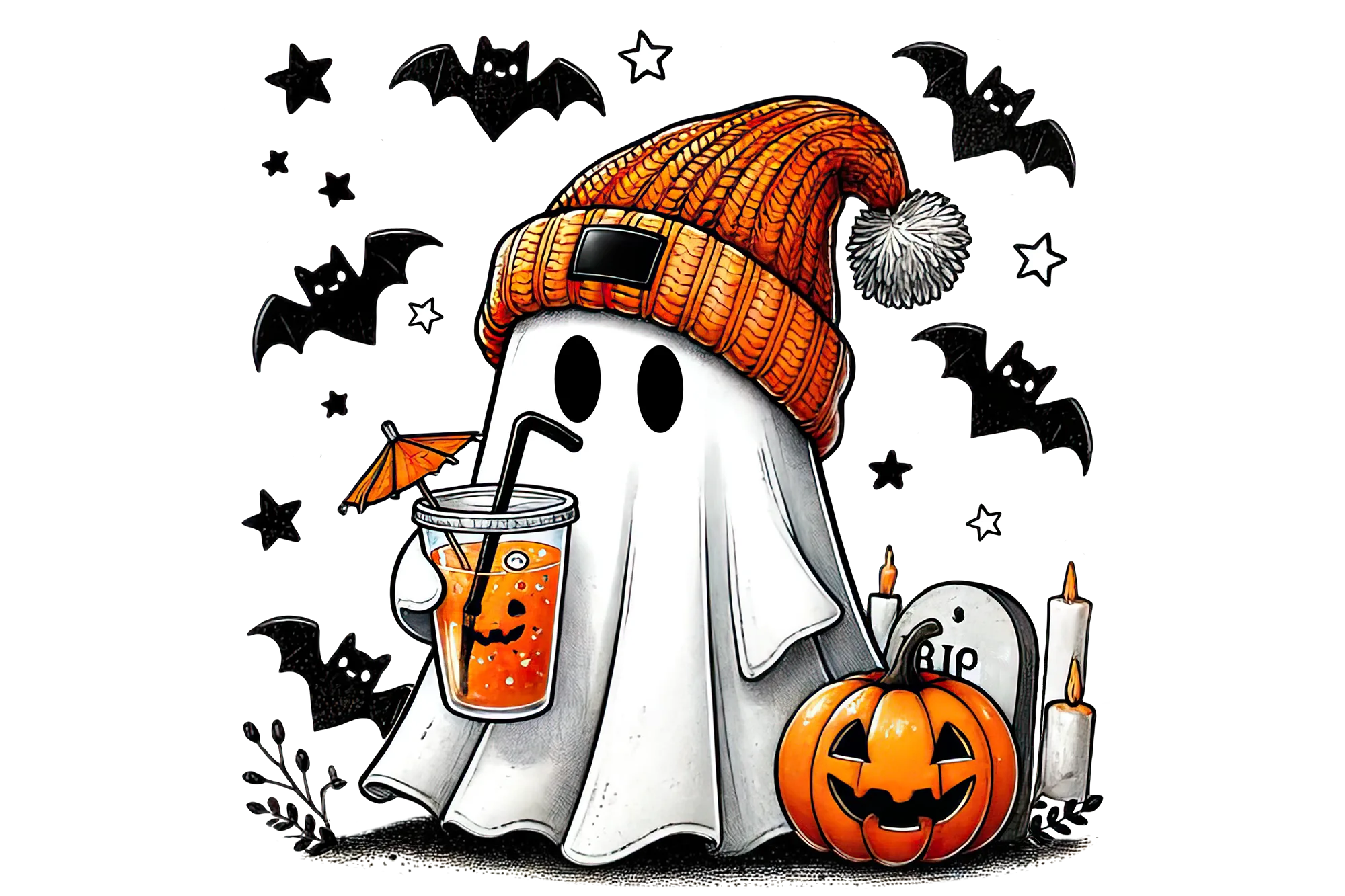 Ghost with Orange Hat and Drink